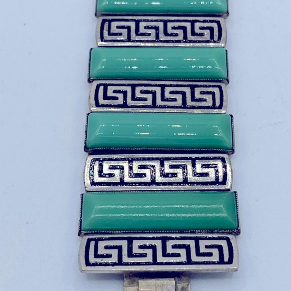 Vintage Art Deco Geometric Shape Silver And Green Glass Stones Linked Bracelet - Picture 6 of 7